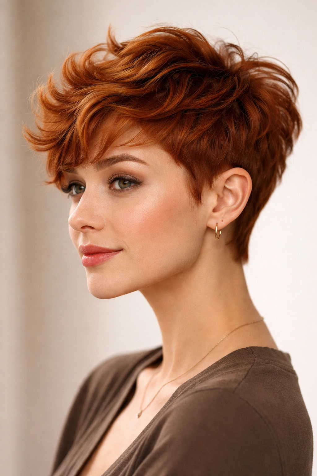 Ginger Tousled Pixie Wave hairstyle with short sides and wavy top.