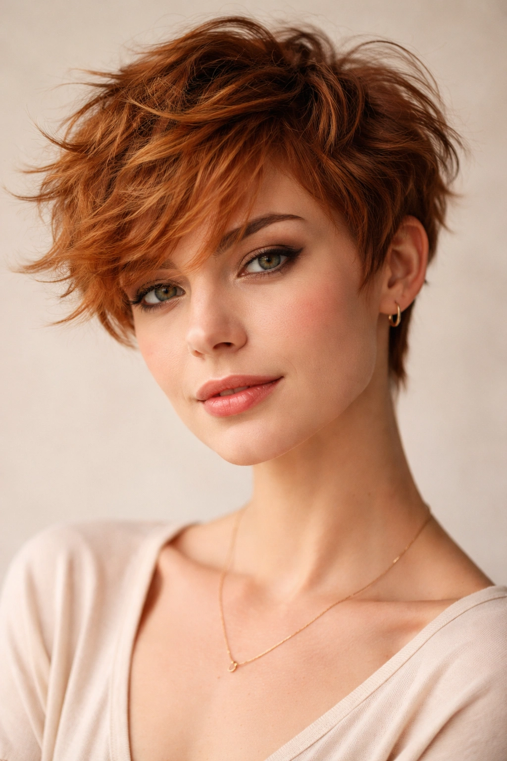 Close-up of a ginger messy wavy pixie hairstyle with textured layers
