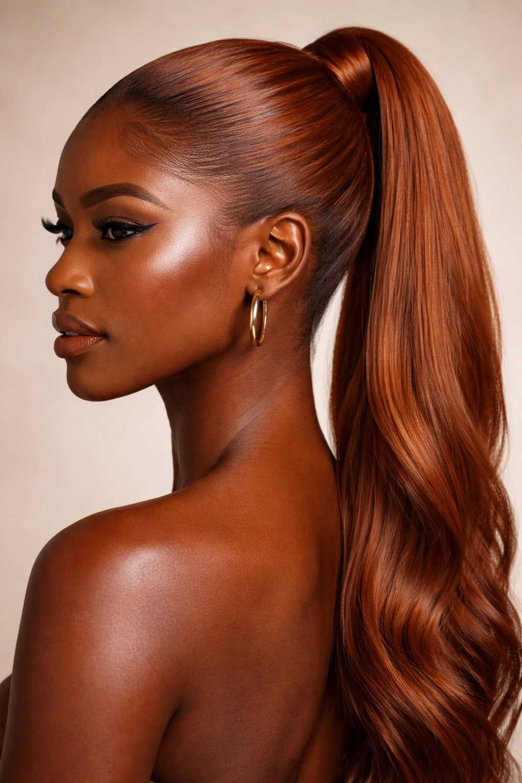 Sleek ginger ponytail slicked back on deep skin tone, glossy finish