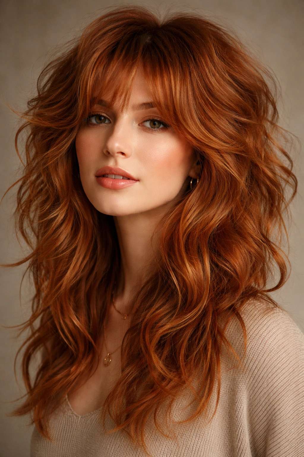 Ginger-toned tousled shag with layered waves