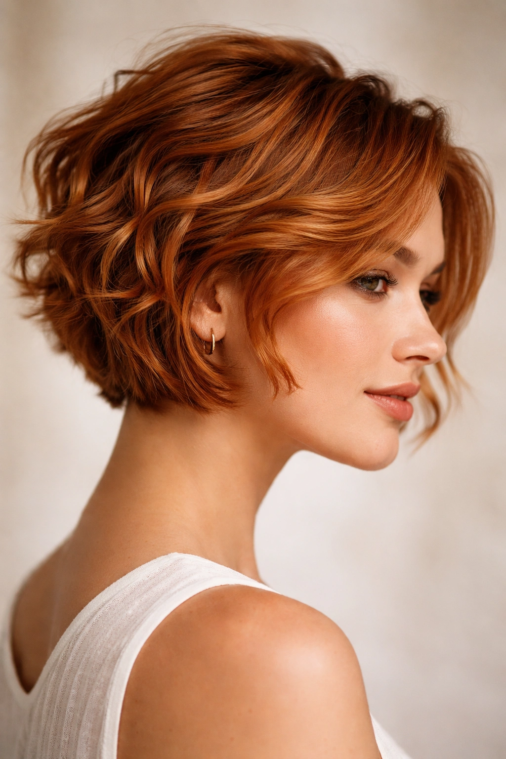 Close-up of short ginger wavy hairstyle with defined texture