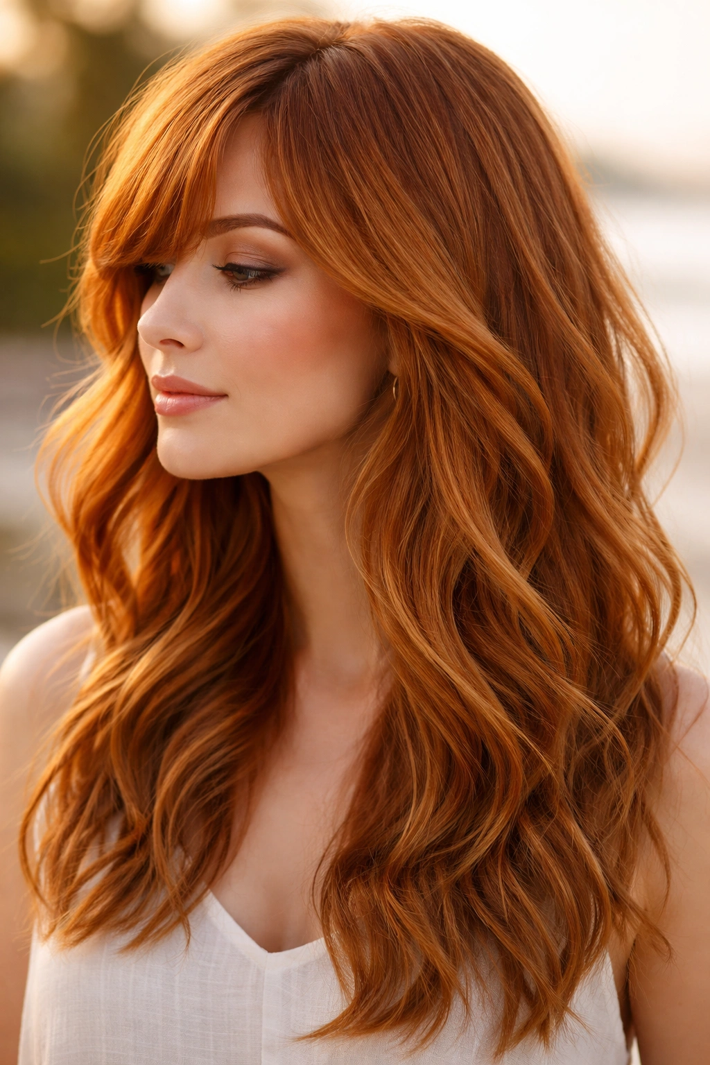 Side profile of ginger hair with side-swept bangs and beachy waves