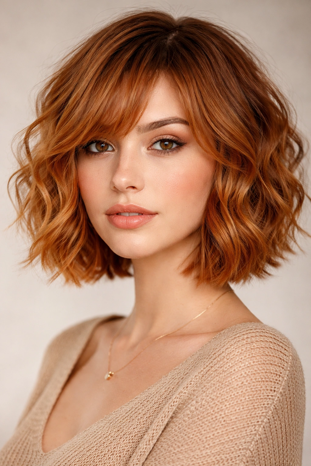 Textured ginger bob with waves and visible layers.