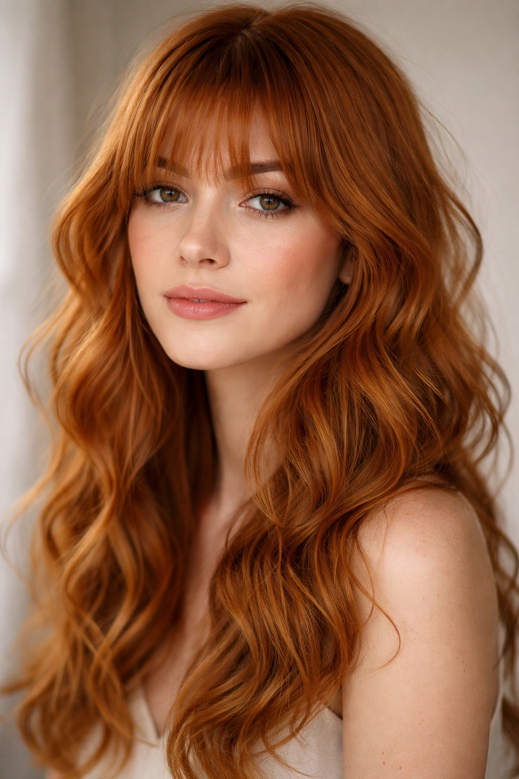 Close-up of ginger wispy bangs and textured waves in a portrait, warm copper tones