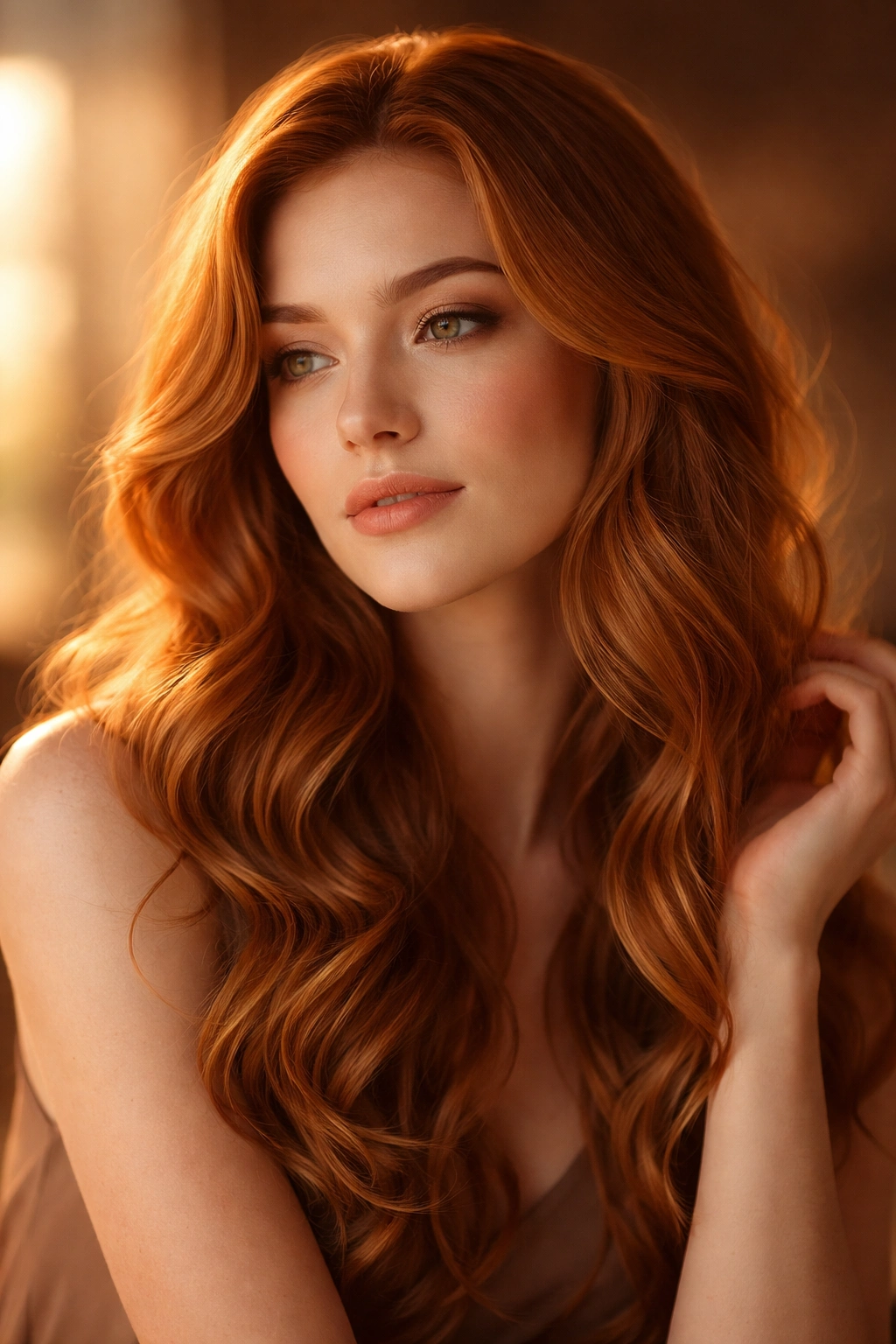 Contemplative portrait of ginger hair with soft waves and warm glow