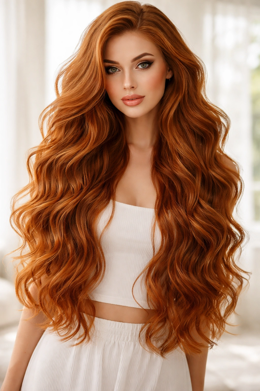 Long ginger hair with voluminous mermaid waves and multi-dimensional color