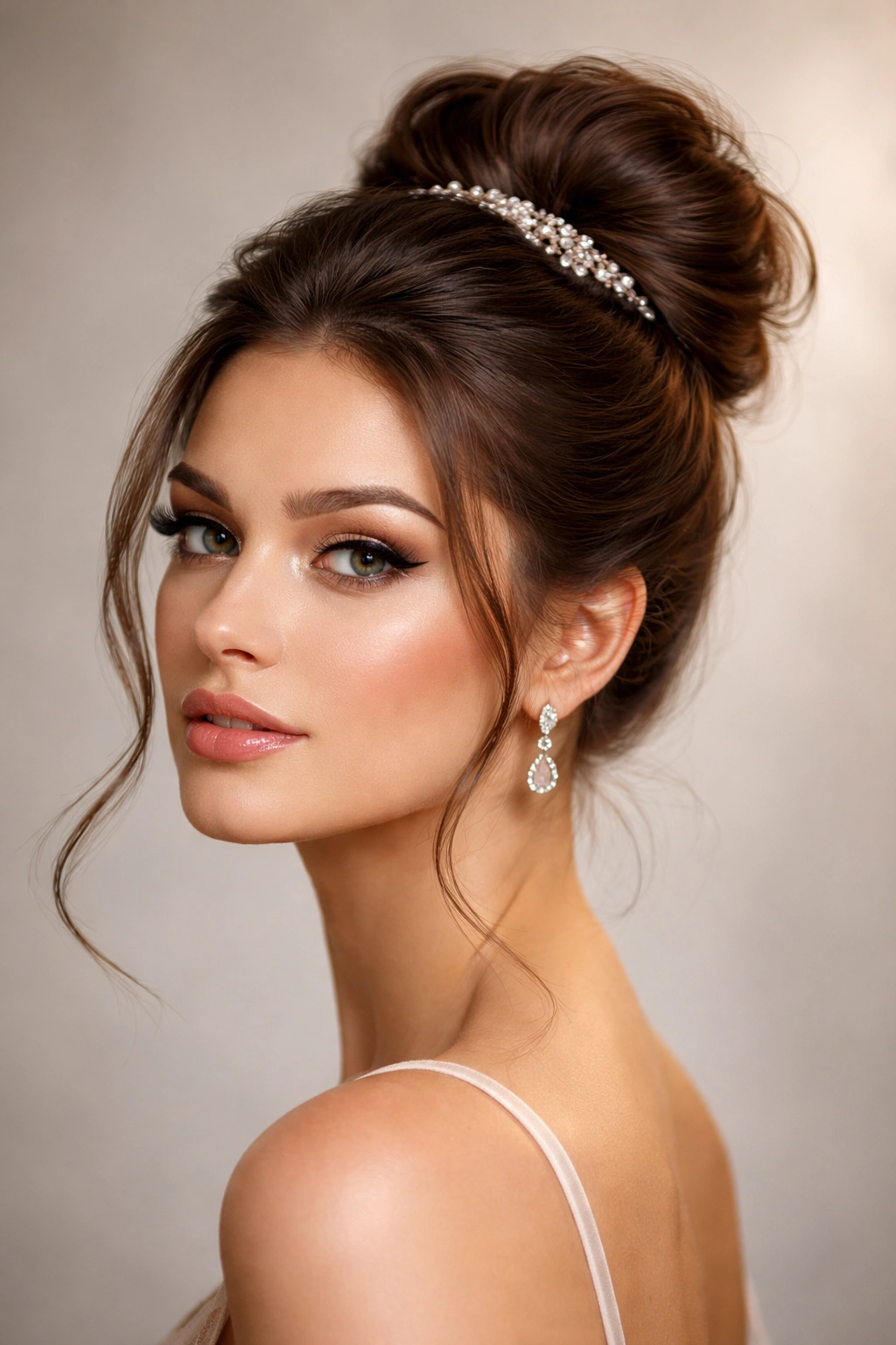 Hollywood-glam bun with subtle sparkle accessory