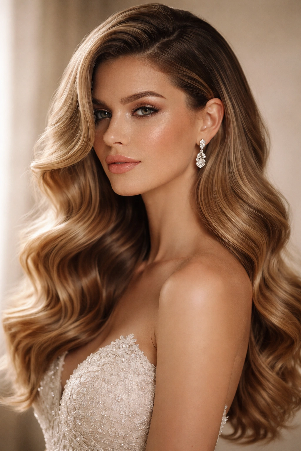 Deep side-part glamorous waves with voluminous, glossy texture