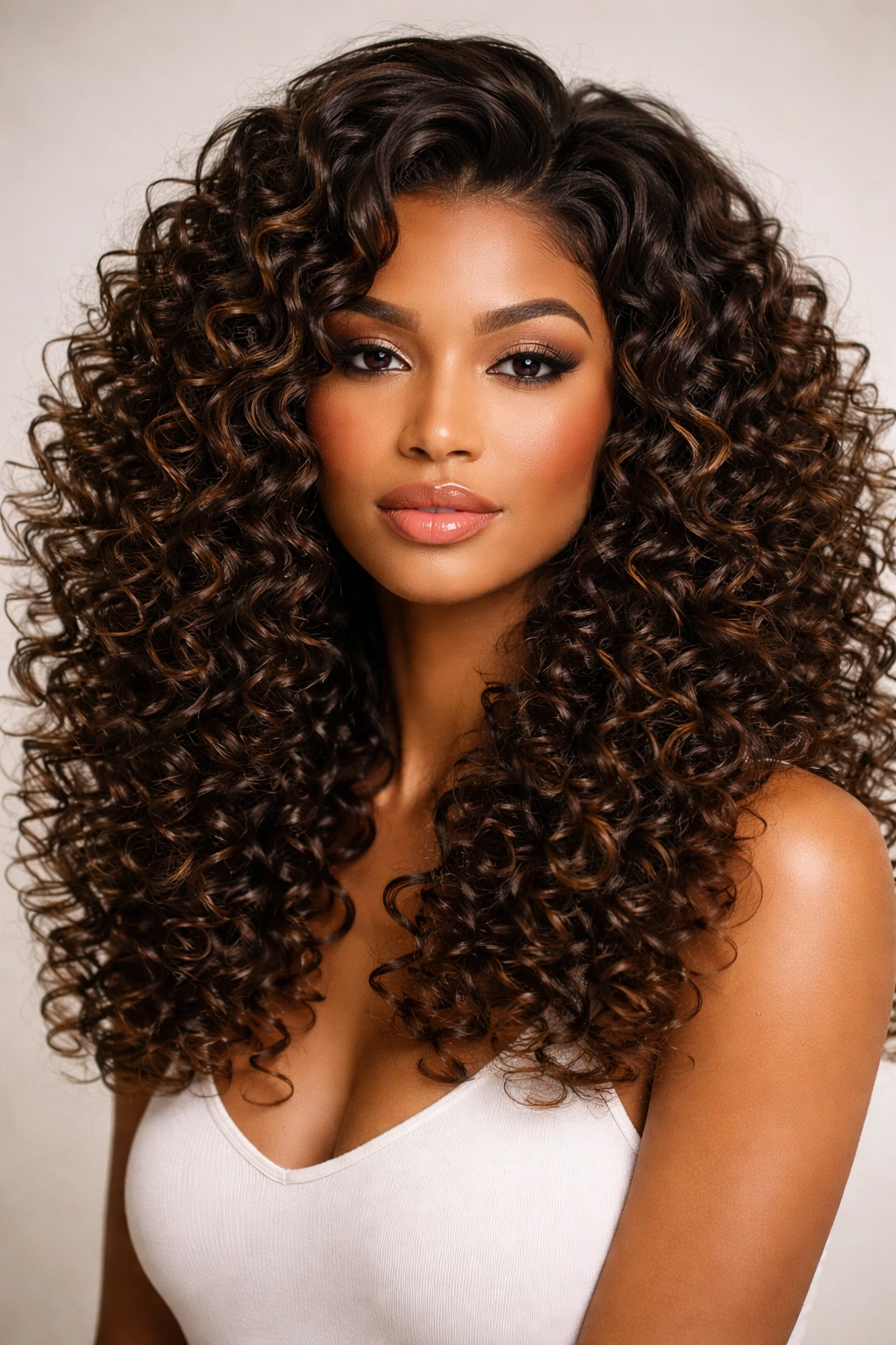 Close-up of a wig with big bouncy glamour curls (3B/3C spirals) cascading over the shoulders.