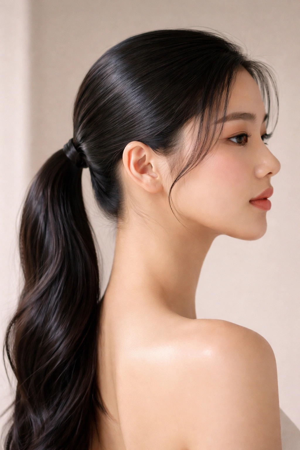 Close-up of glossy low ponytail at the nape with smooth front hairline