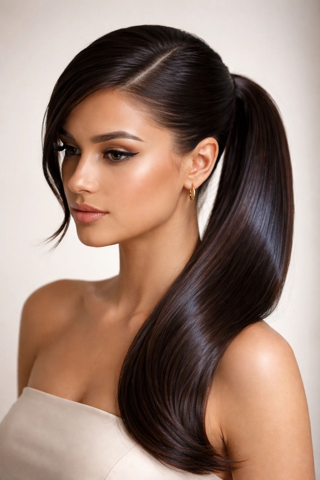 Head-and-shoulders shot of a glossy side ponytail with deep shine along the outer surface