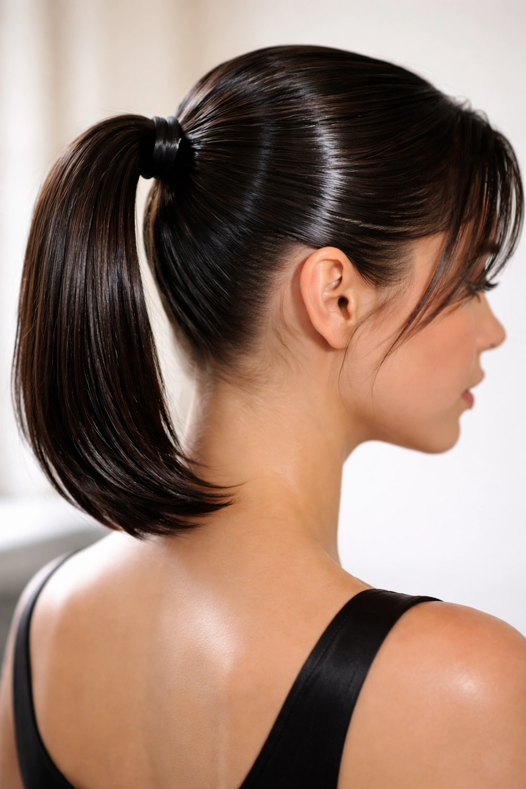 Side view of a glossy slicked ponytail with wet-look shine on short hair