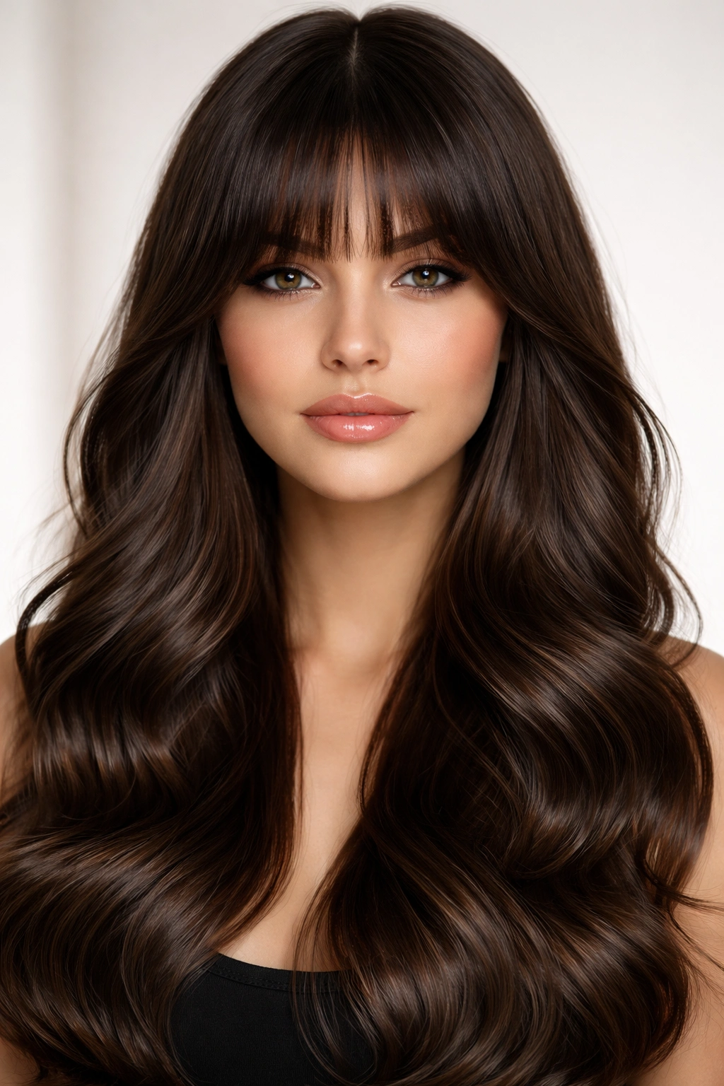 Defined glossy waves with blunt curtain bangs under studio lighting