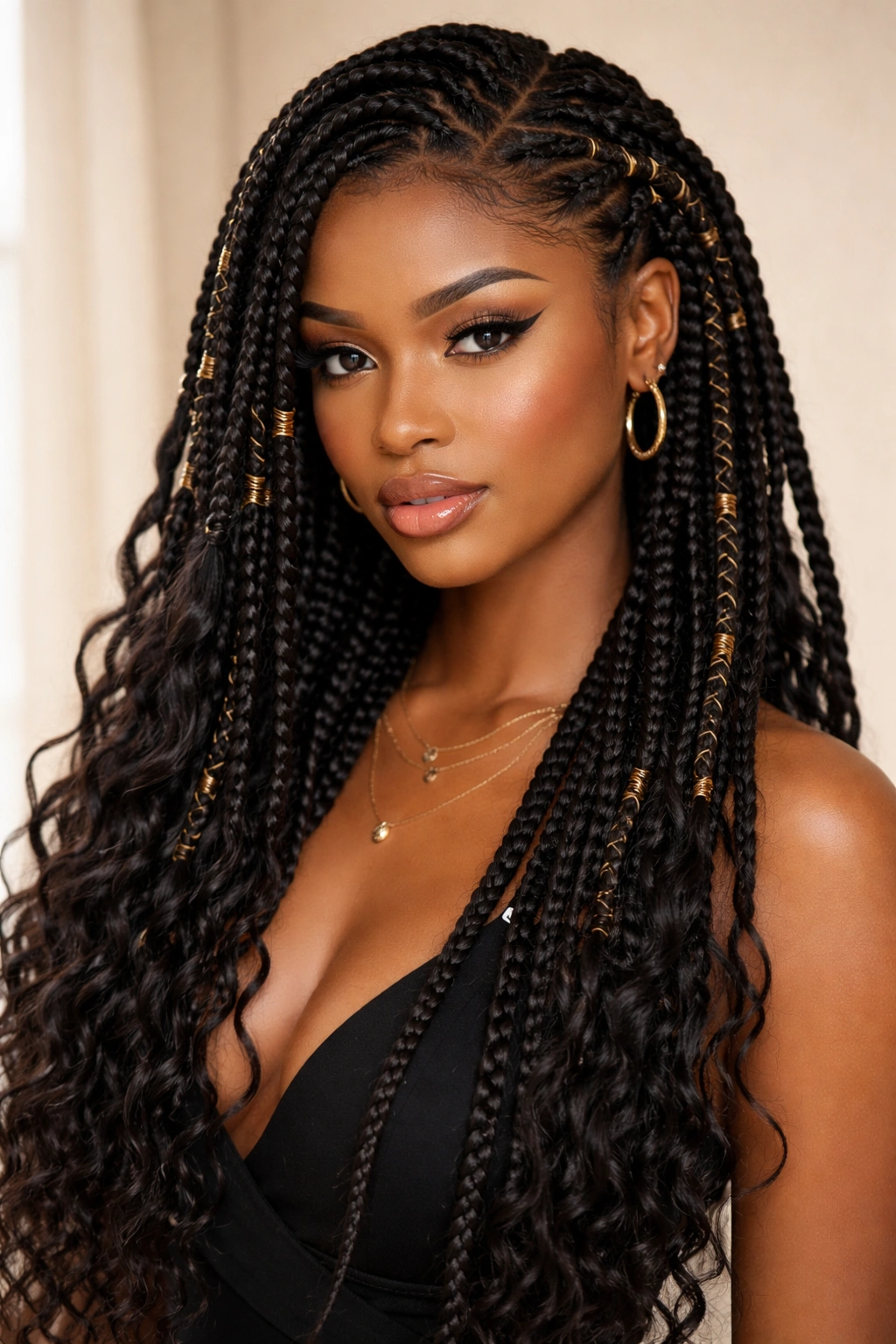 Goddess box braids with wrapped sections around the crown