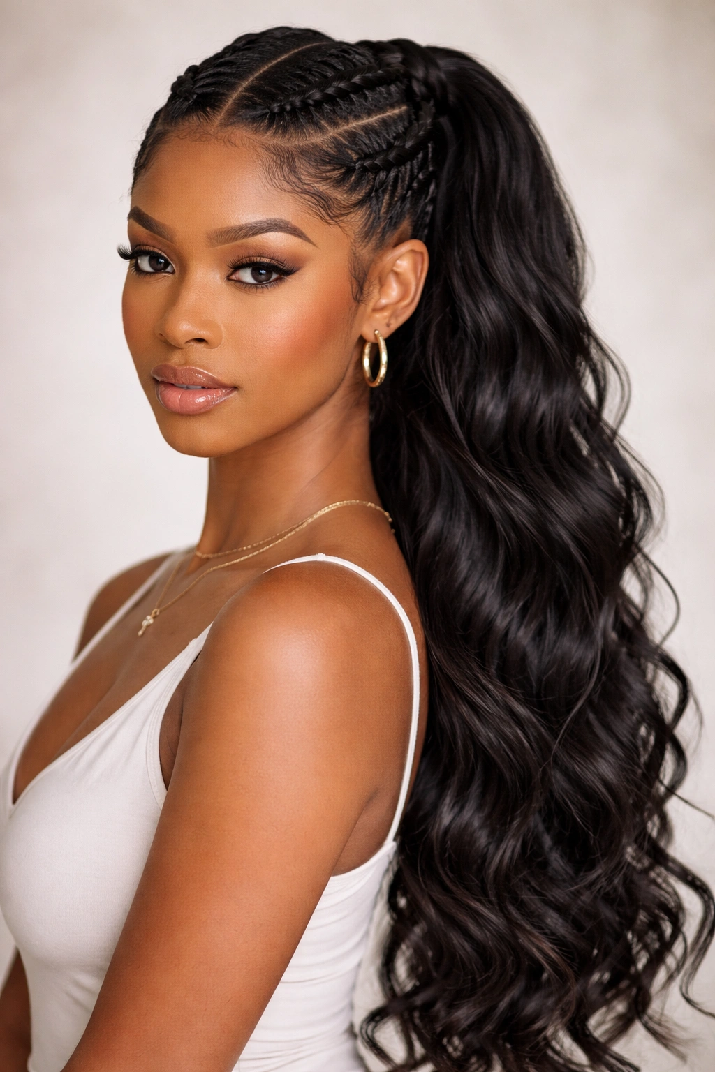 Goddess braid ponytail with flowing length hairstyle showing two thick braids merging into a long weave ponytail