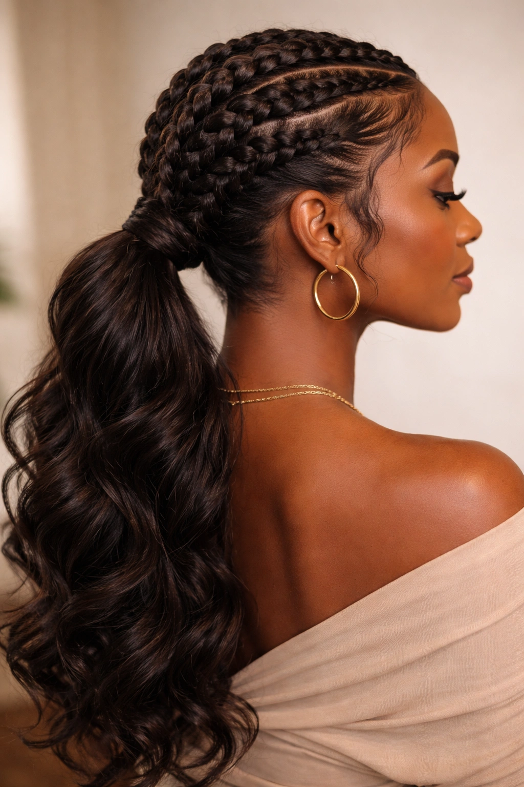 Close-up of a goddess braid feeding into a low ponytail