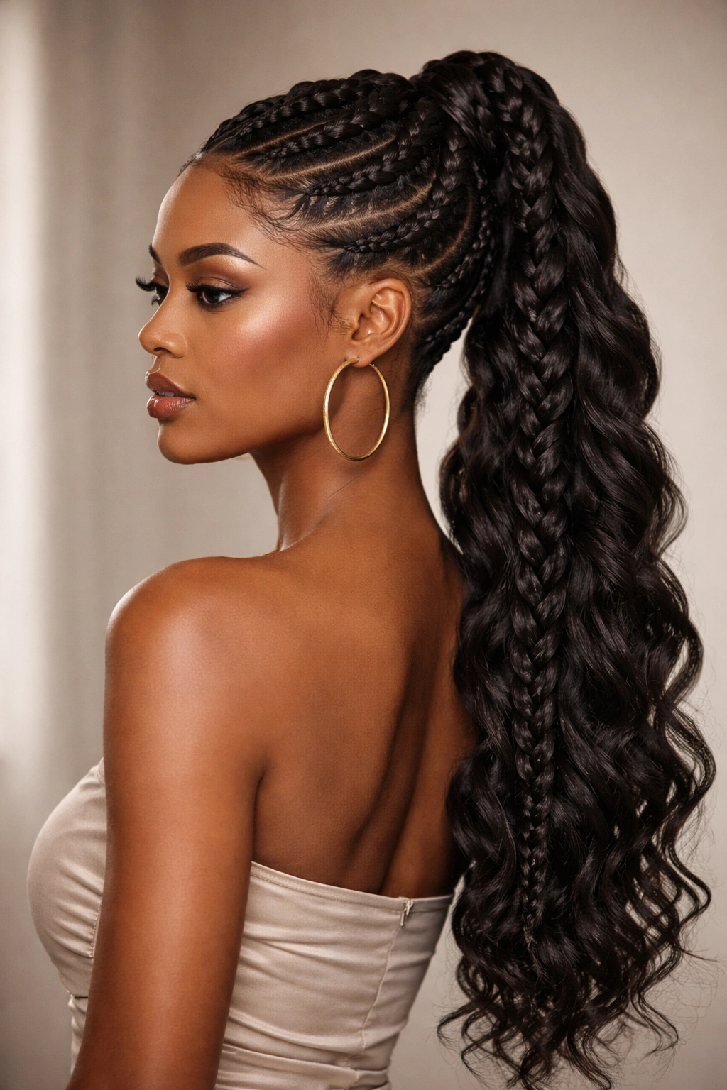 Goddess braided ponytail with thick braids on a Black woman