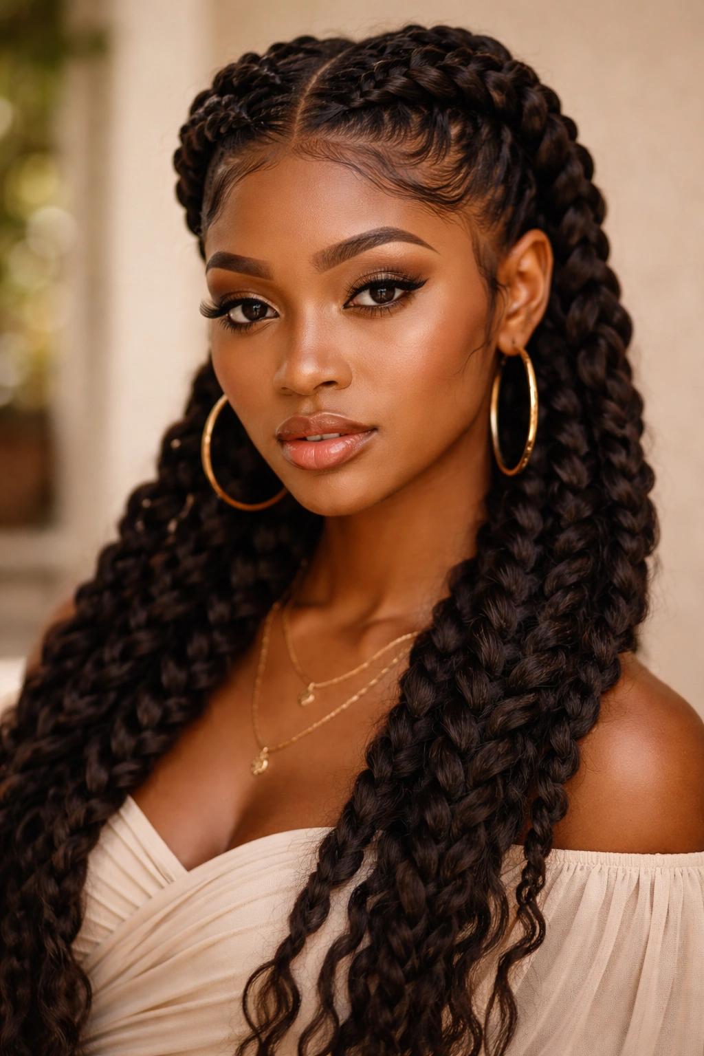 Goddess braids framing the head with thick protective plaits