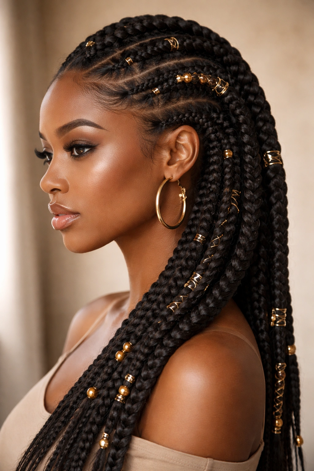 Close-up of goddess braids with decorative beads and metallic accents