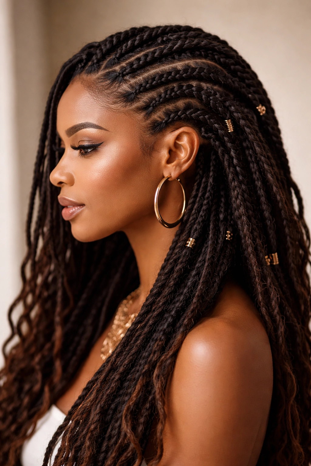 Side view of goddess braids woven through locs, highlighting intricate curved braid pattern.
