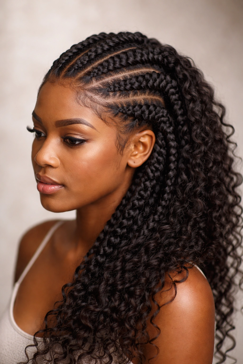 Close-up of goddess braids with varied scalp tension on Afro hair