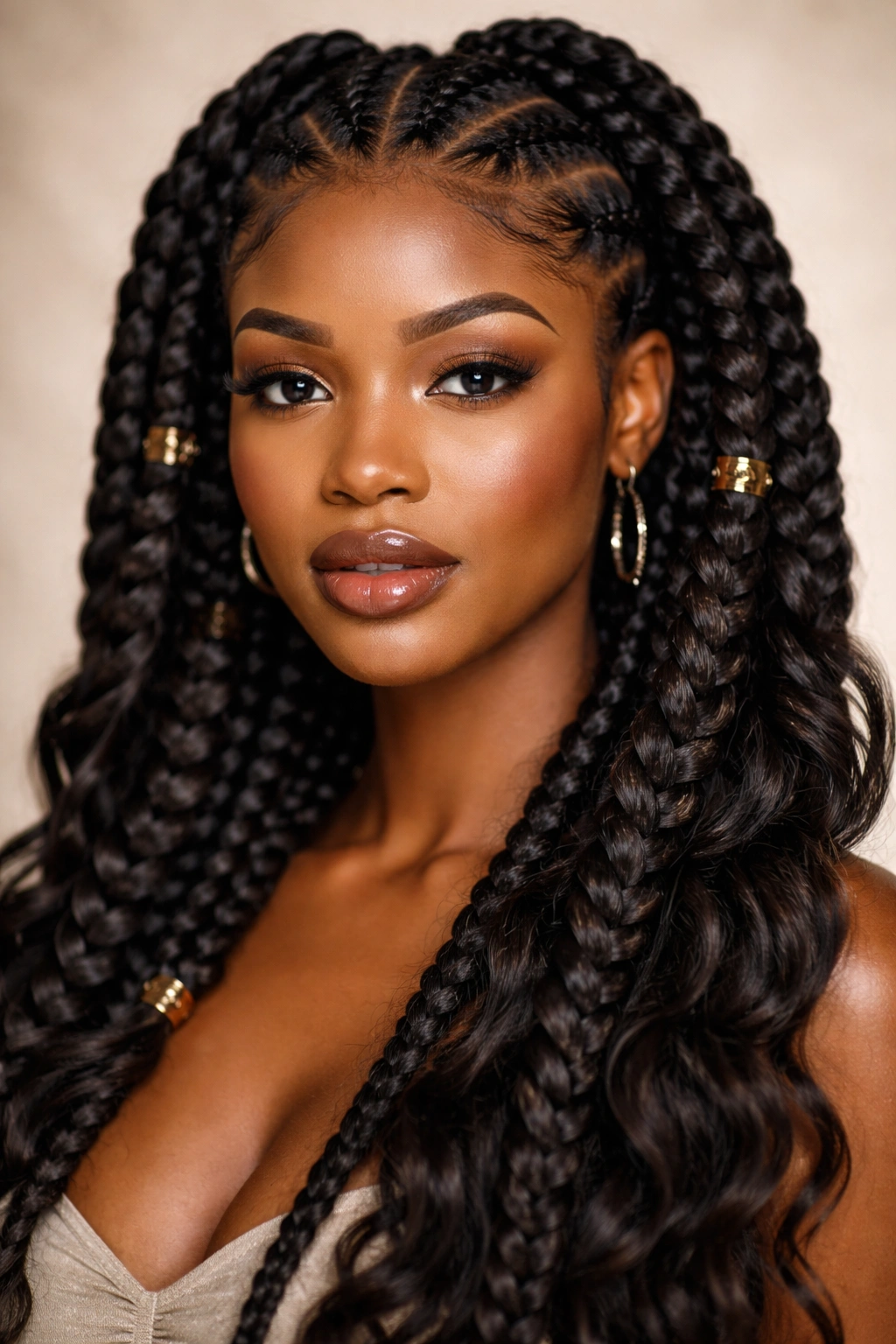 Close-up of thick goddess braids on head