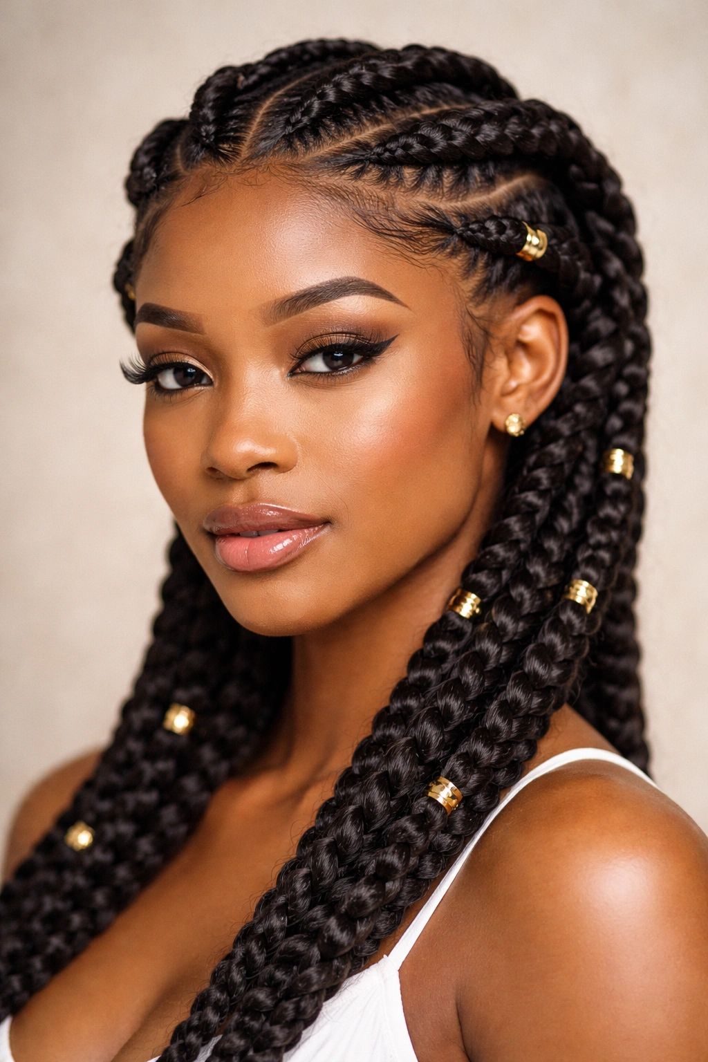 Goddess braids close-up showing thick sculptural crown braids with gold cuffs
