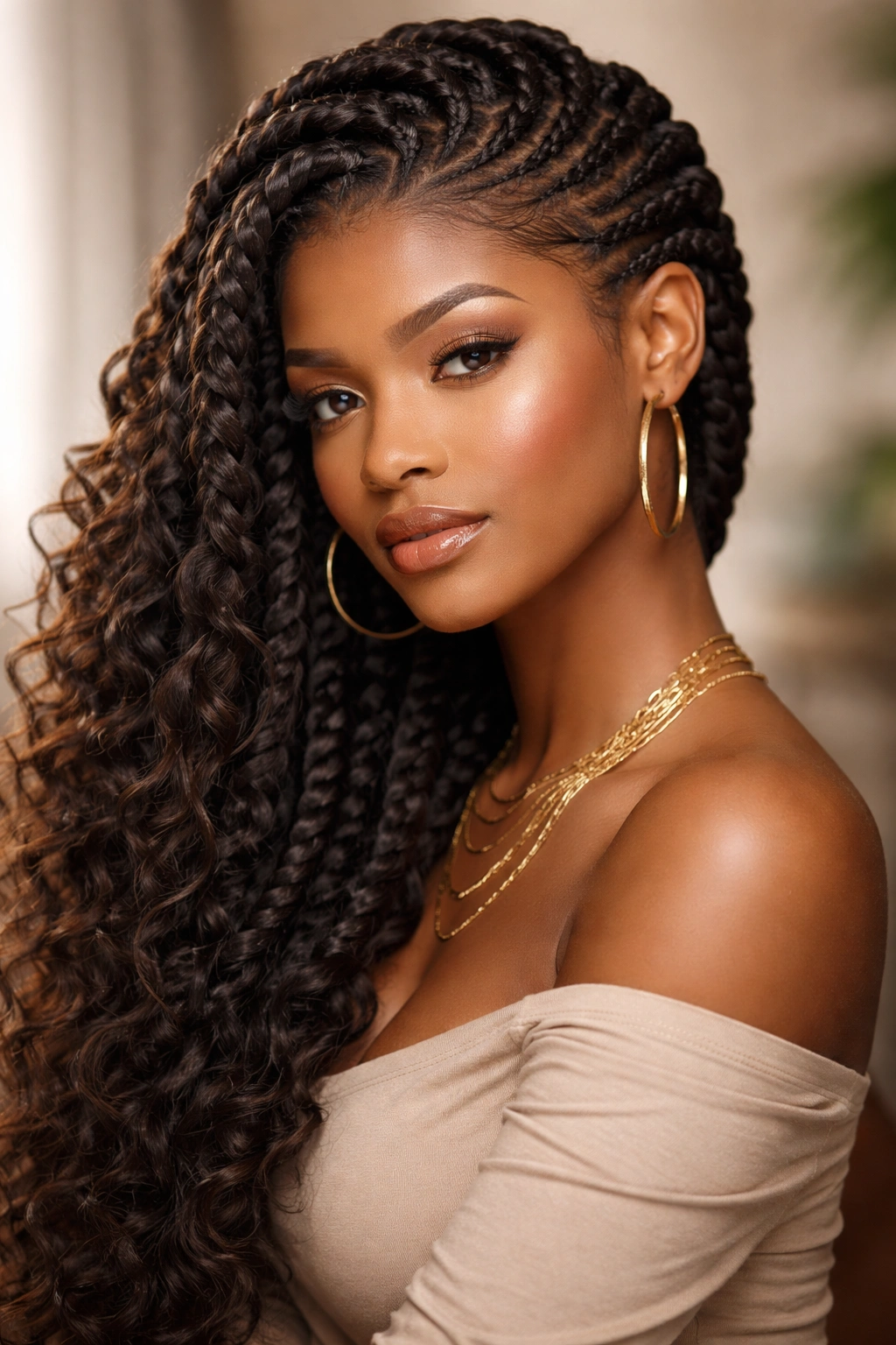 Close-up of thick goddess braids with added hair for volume