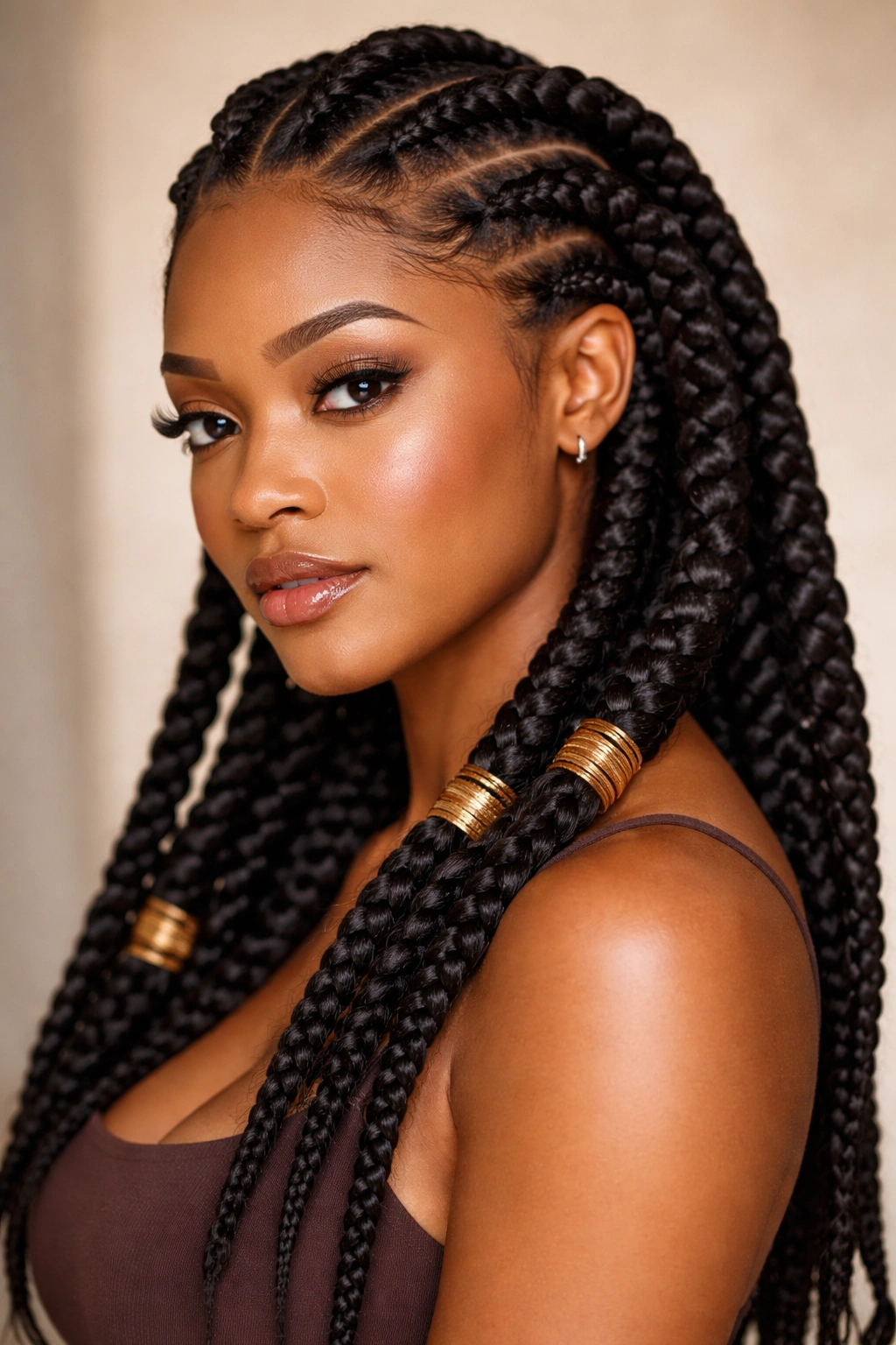 Close-up portrait of thick goddess braids curved along the scalp with wrapping at the roots.