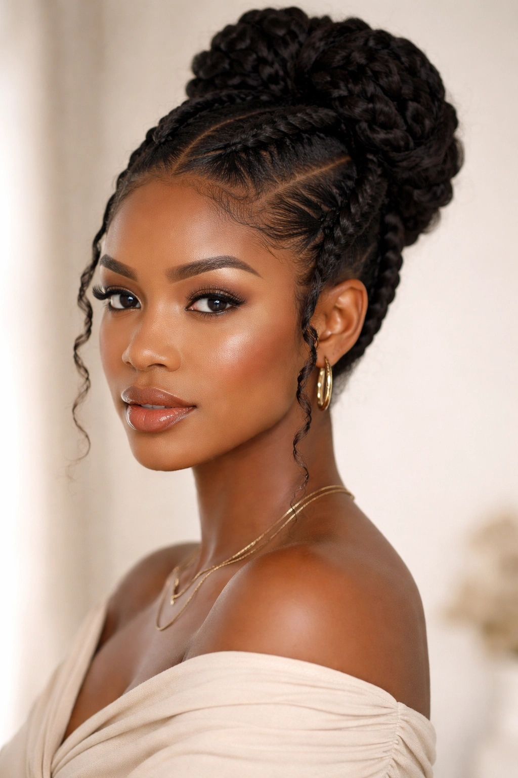 Goddess braids updo with thick braids framing face