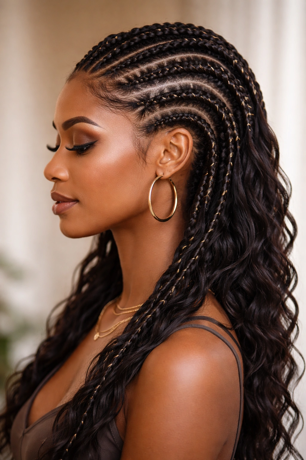 Side profile of goddess cornrows with curved flowing pattern and metallic thread.
