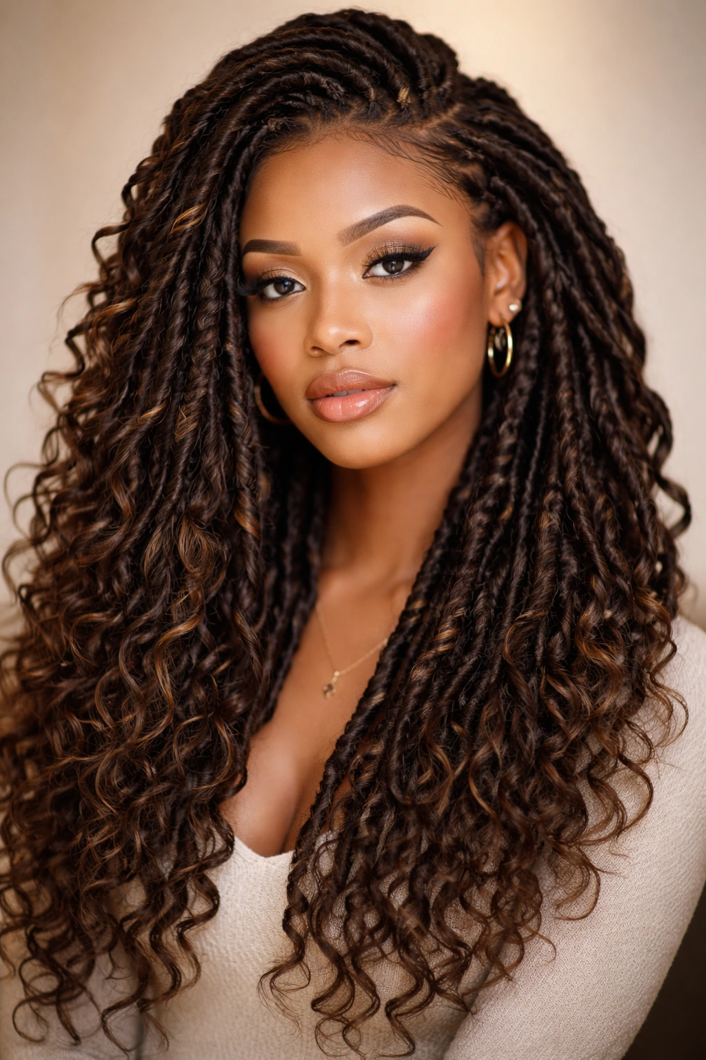 Goddess crochet locs with wrapped sections and fluffy ends