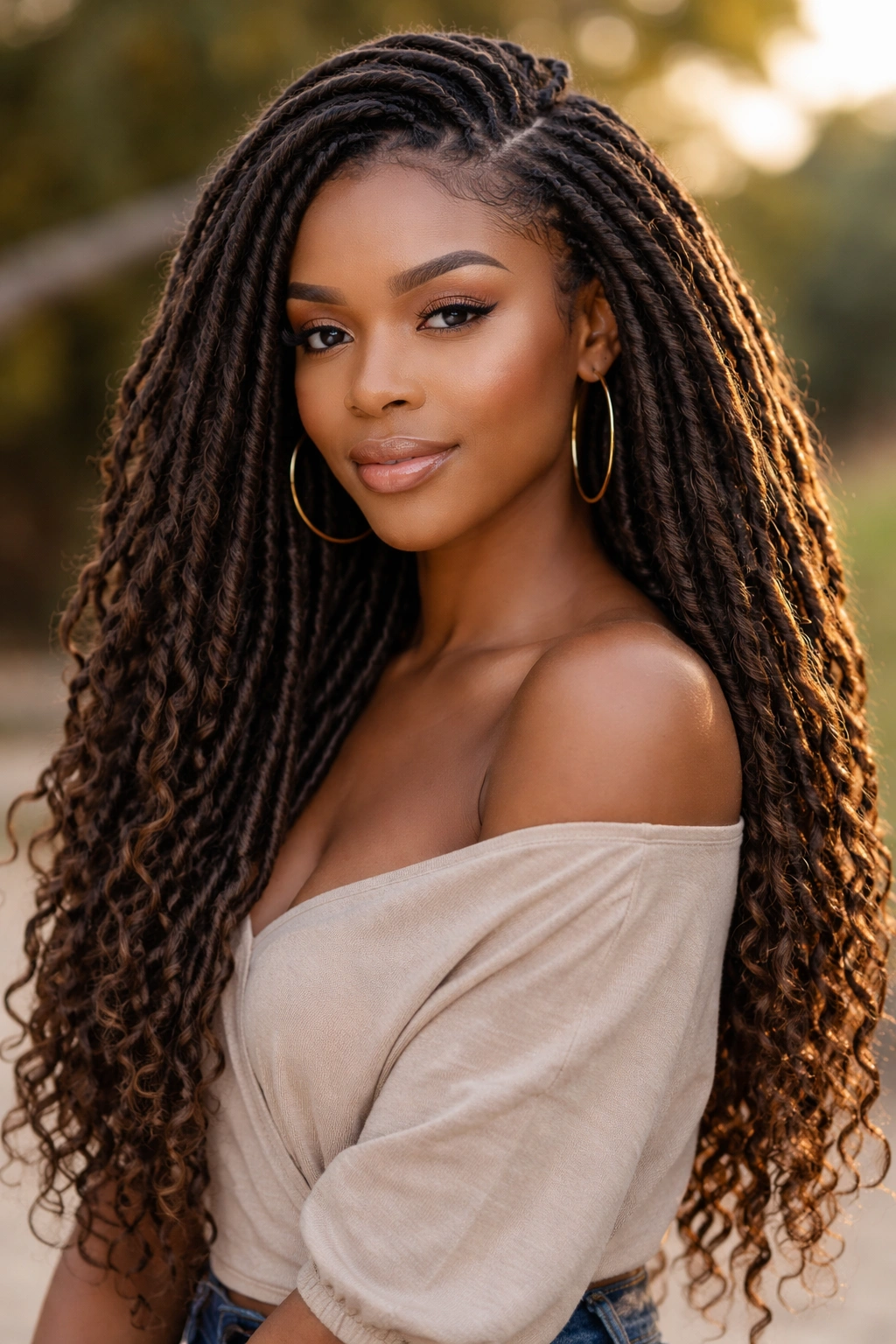 Goddess locs hairstyle with thick textured crochet hair over shoulders