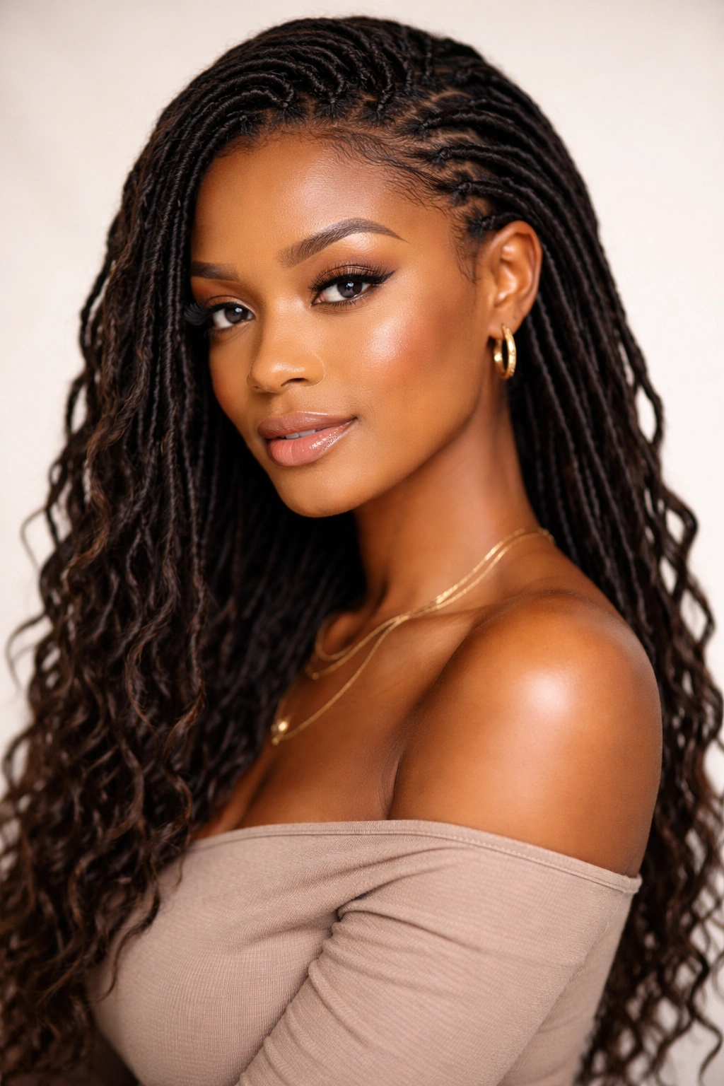 Profile of thick goddess locs close to the scalp with flowing ends