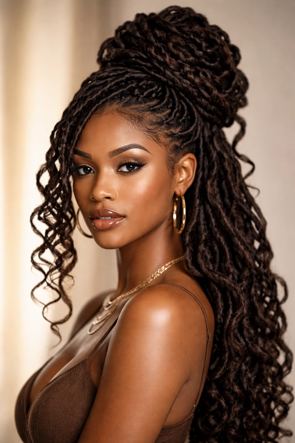 Goddess loc extensions in a sculpted updo with thick locs