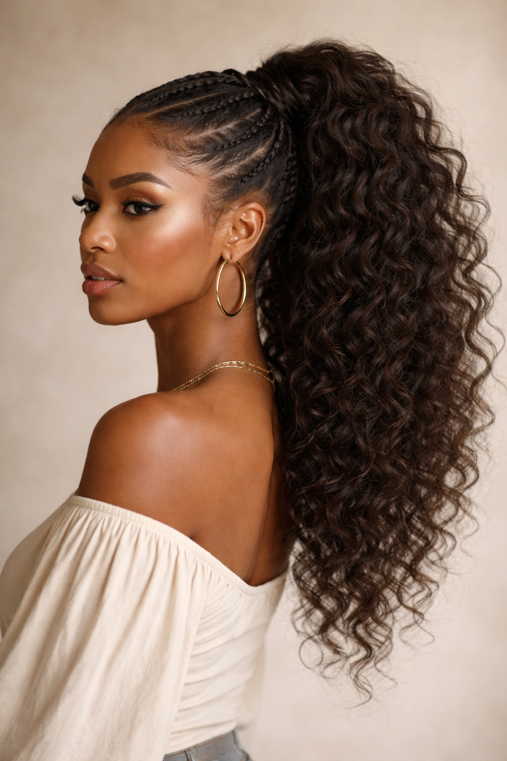 Voluminous goddess ponytail showcasing natural texture