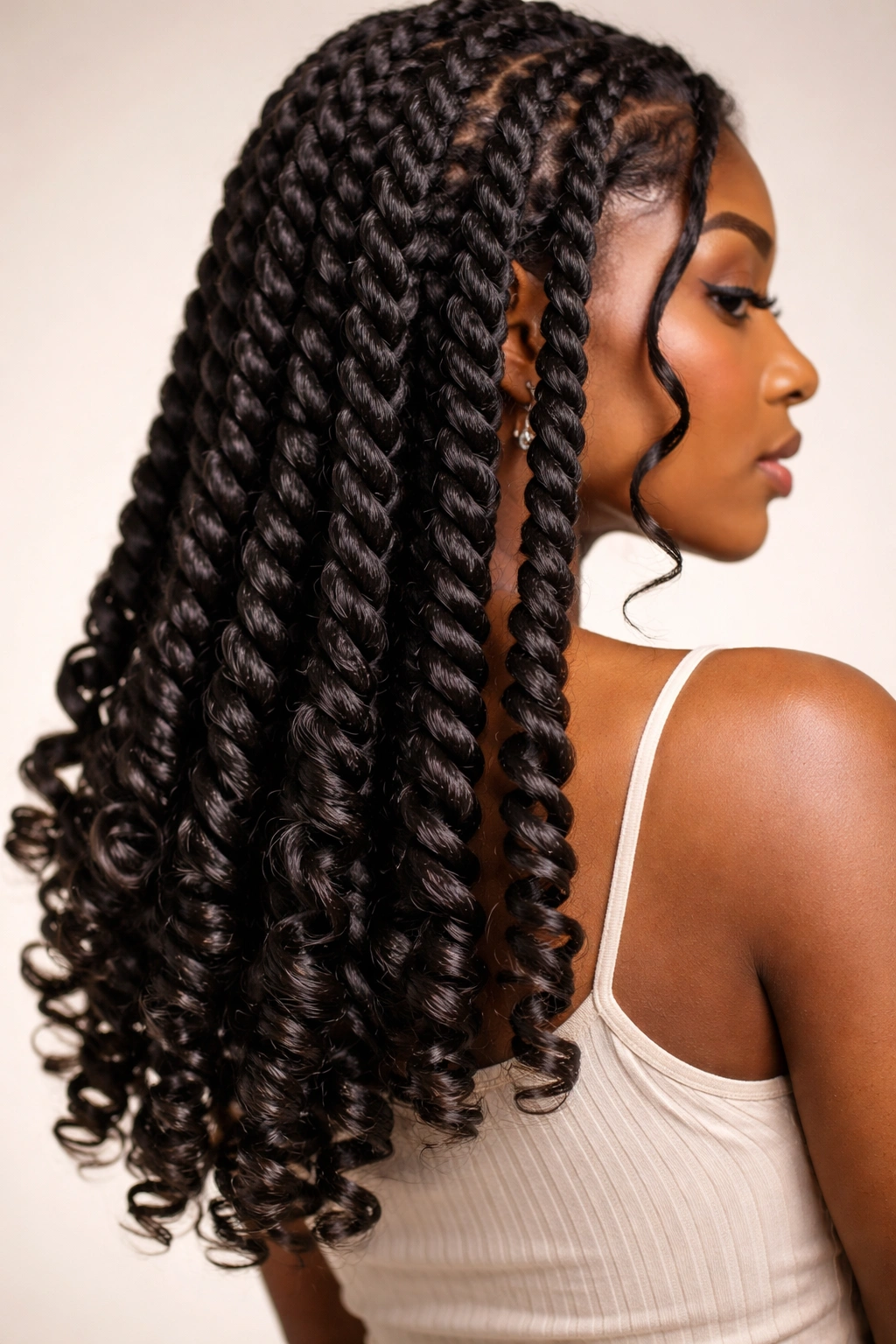 Close-up of Goddess Twists ending in defined curls for a polished look