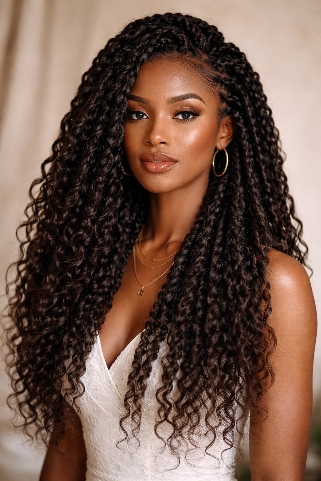 Thick goddess twists with supplemental hair creating a sculptural look