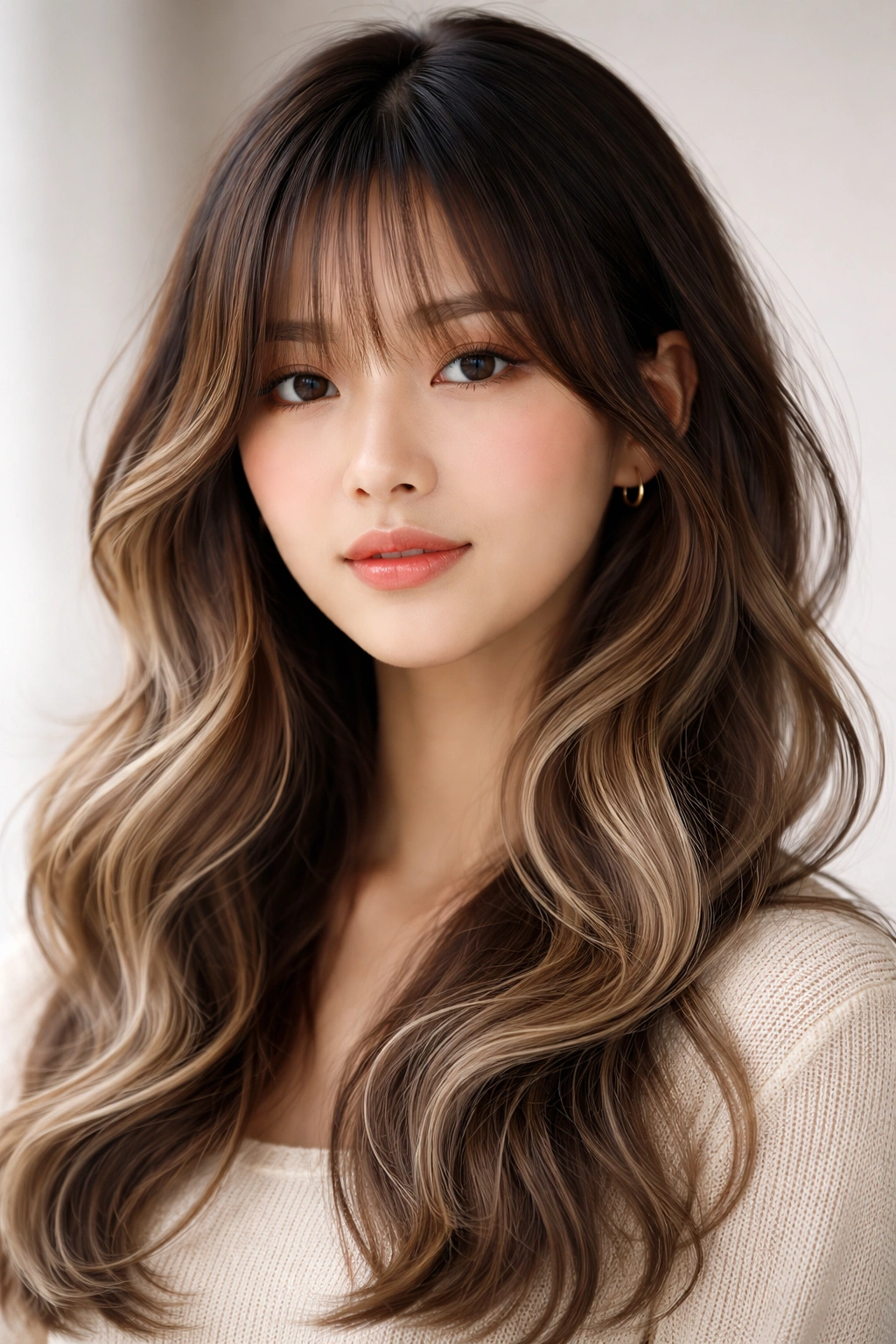 Close-up of gradient bangs with layered waves showing dark roots fading to light ends.