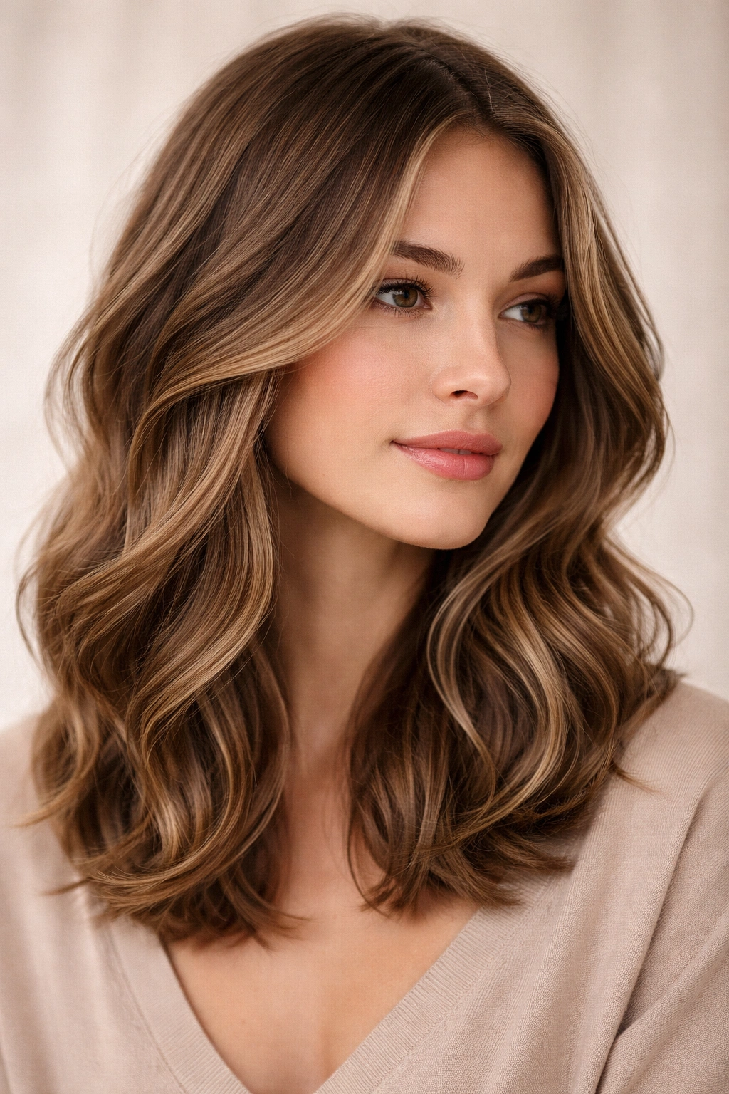 Close-up of shoulder-length wavy hair showing a smooth crown-to-ends gradient in layering.