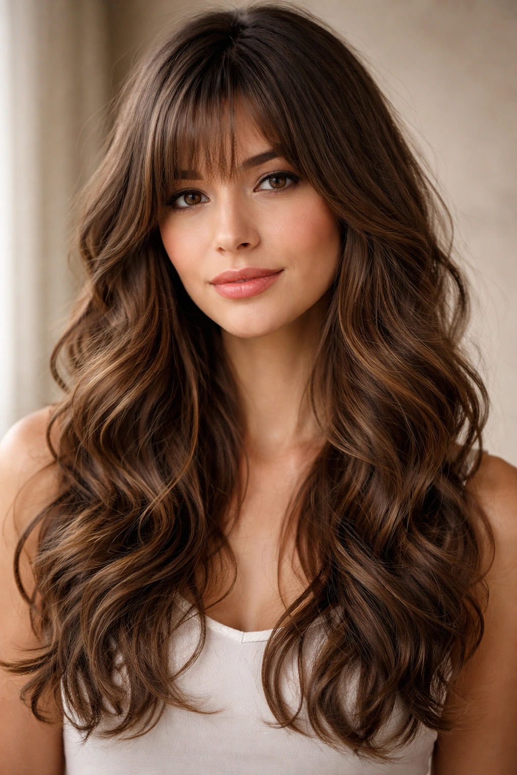 Long graduated bangs blending into layered hair