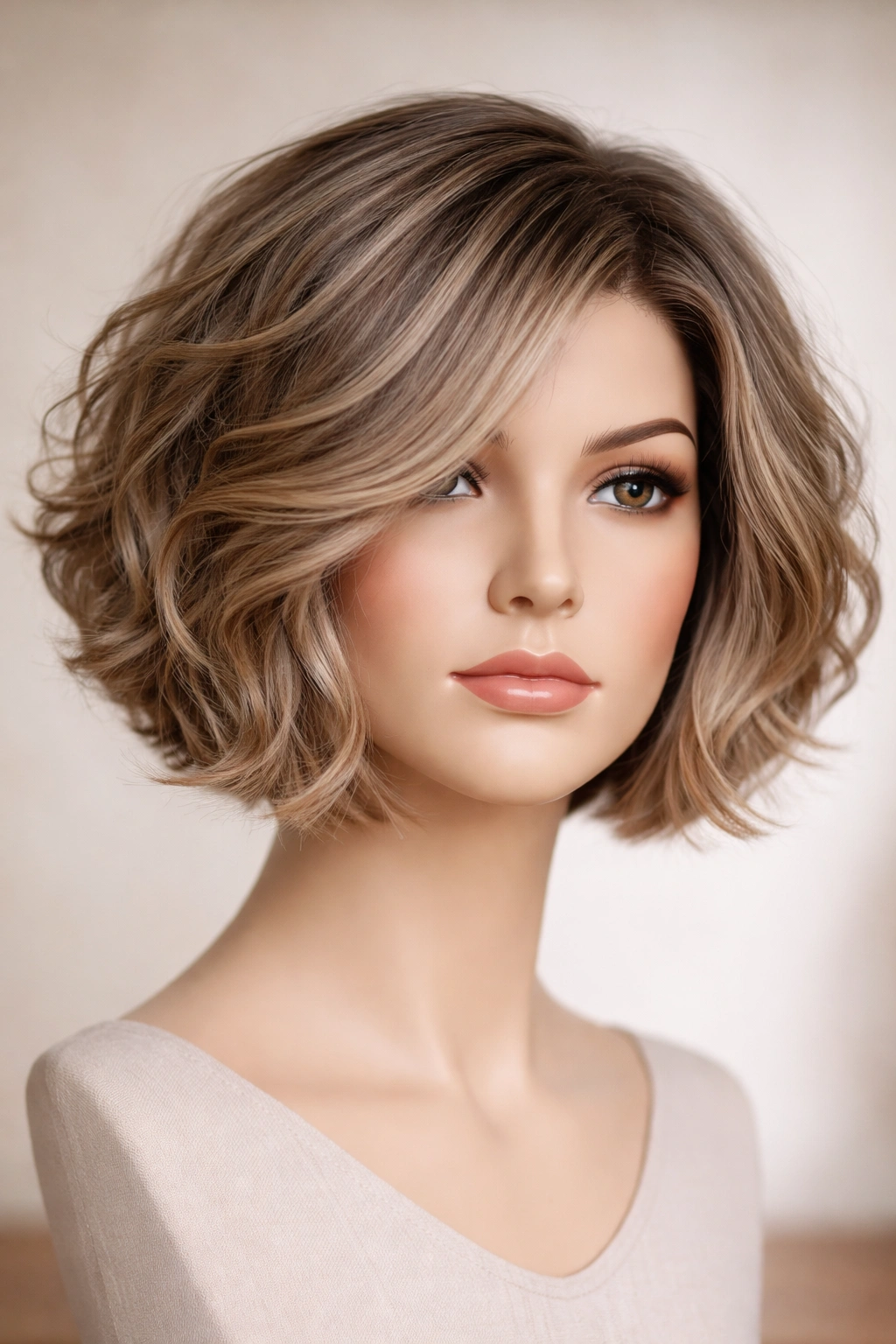 Graduated wavy bob with short back and longer front on a mannequin head.