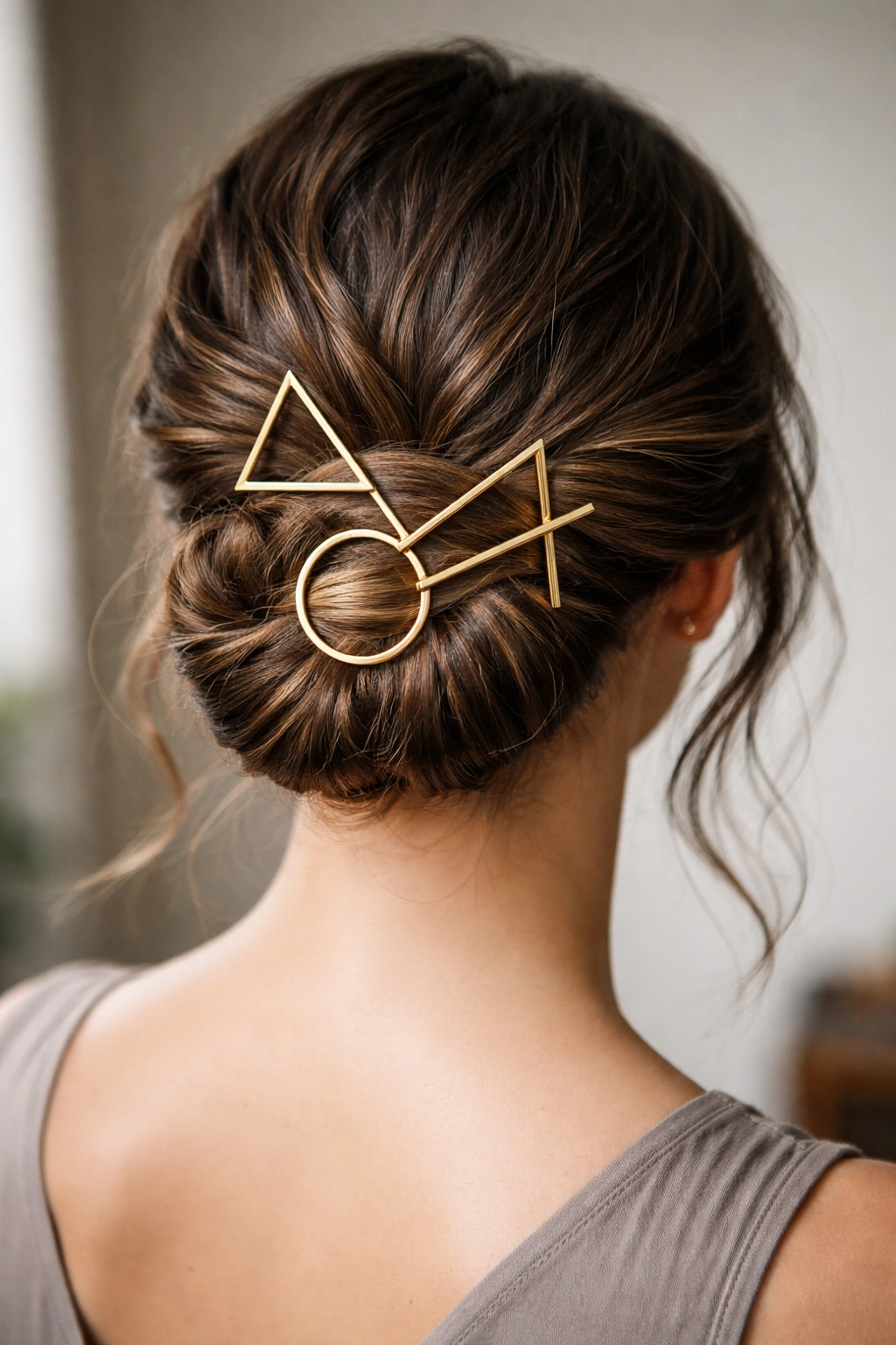 Low bun with visible geometric pins creating a graphic design
