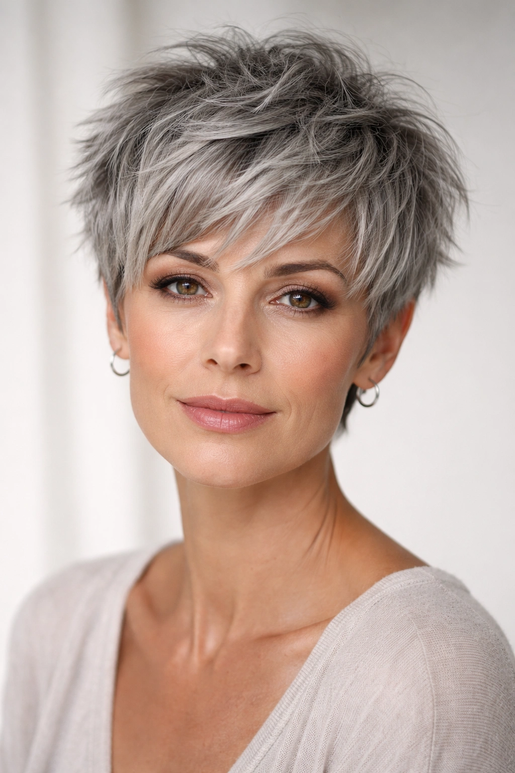 Gray-haired model with a modern textured crop