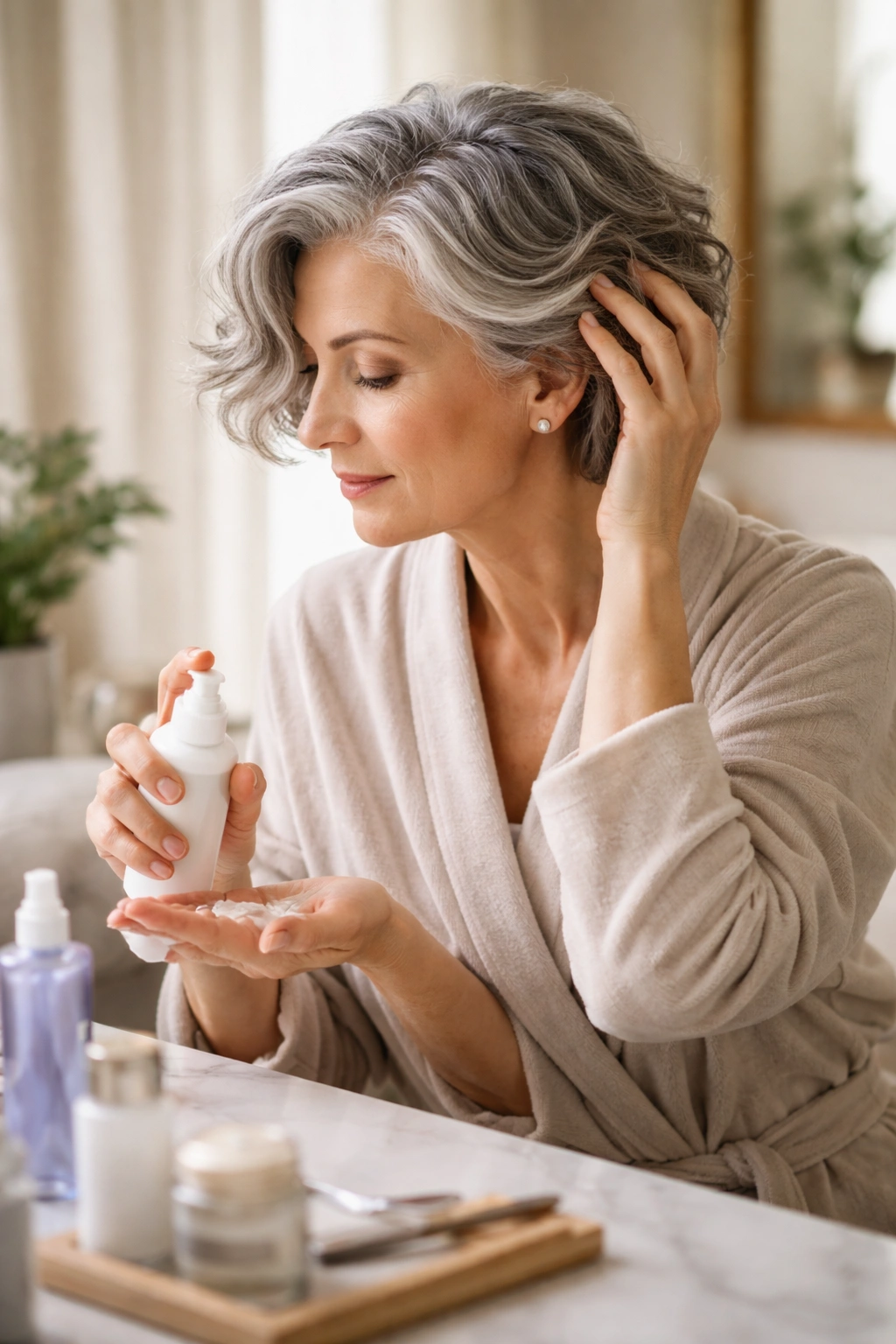 Person applying hair care routine to short wavy gray hair at vanity