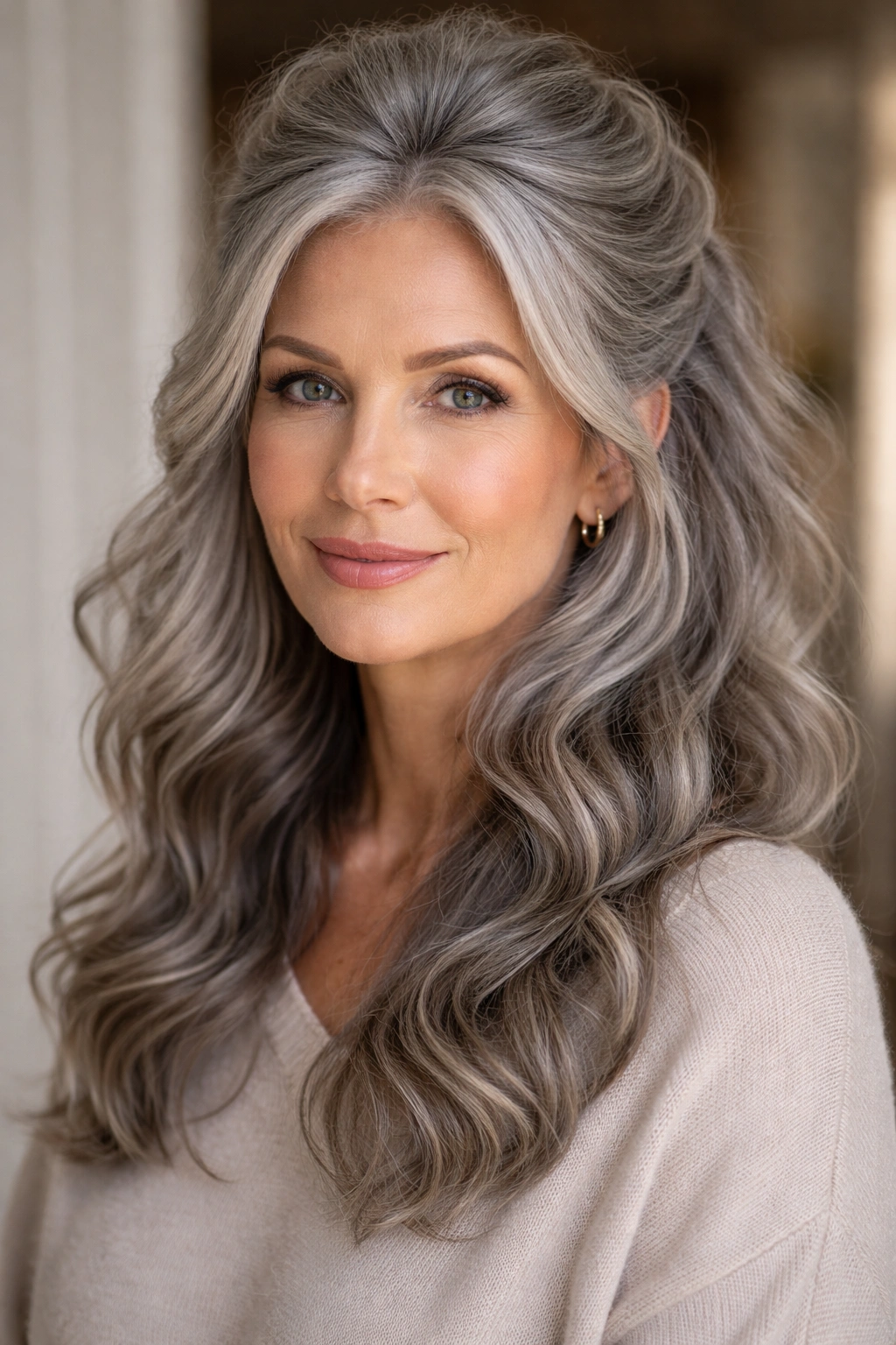 Half-up wavy hairstyle on gray hair with waves cascading below