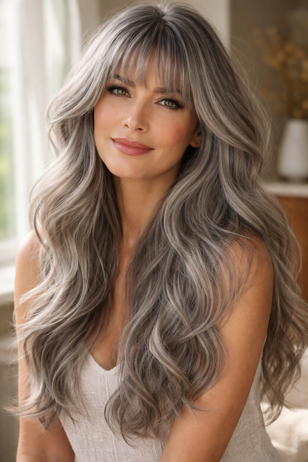 Long gray hair with romantic waves and textured bangs
