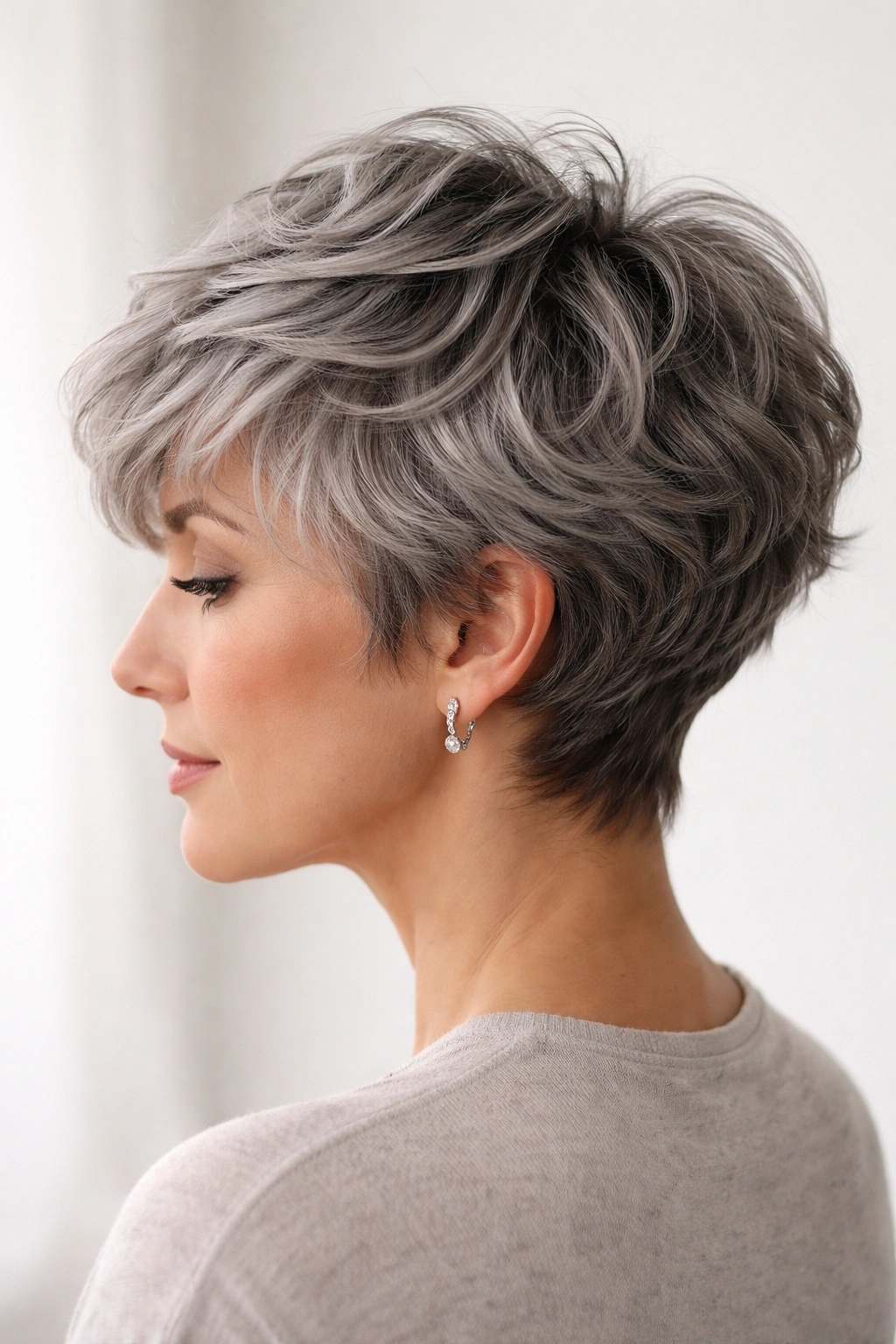 Close-up of a gray pixie cut with layered waves and texture