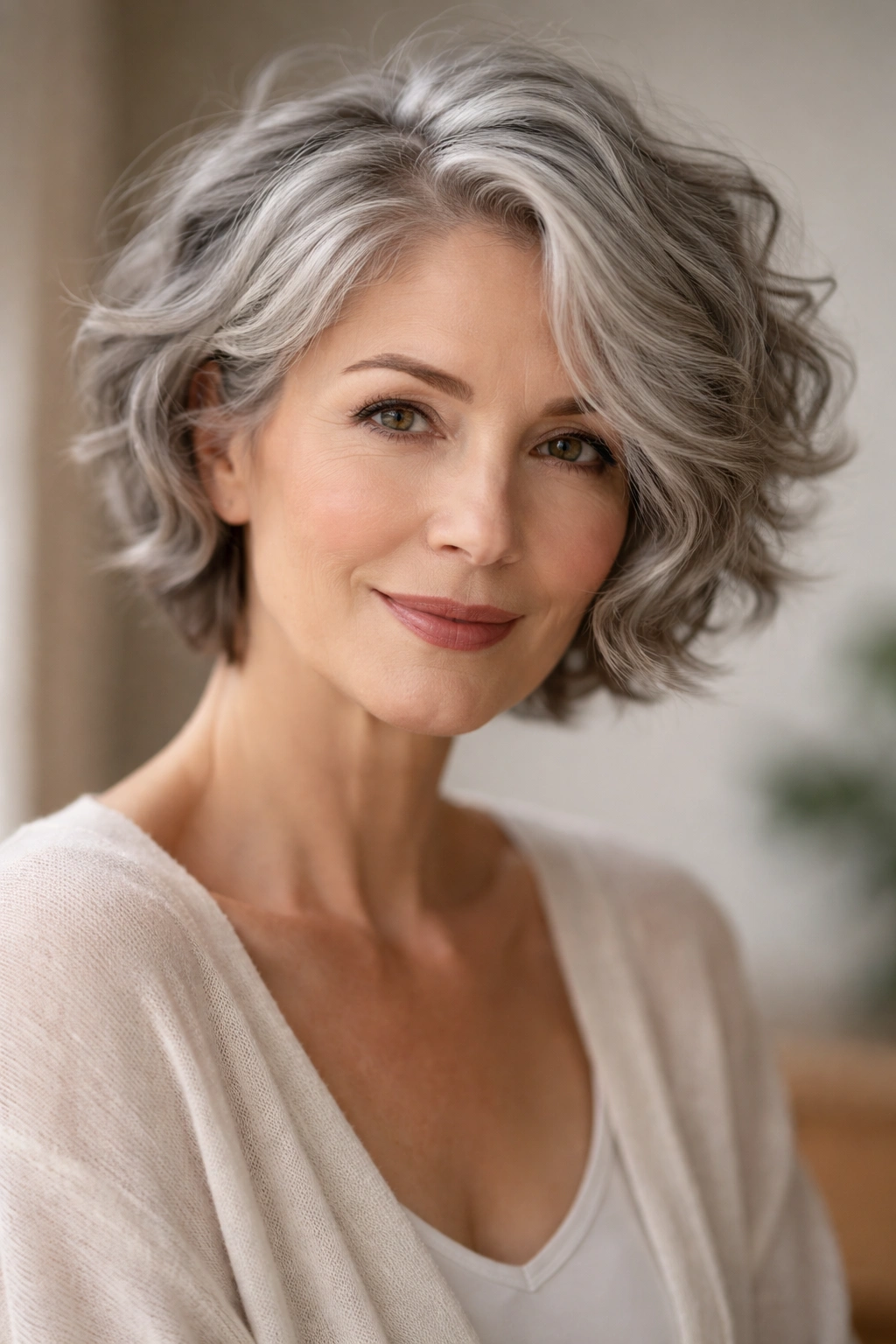 Portrait of a person with short, wavy gray hair in soft lighting, highlighting gray tones.