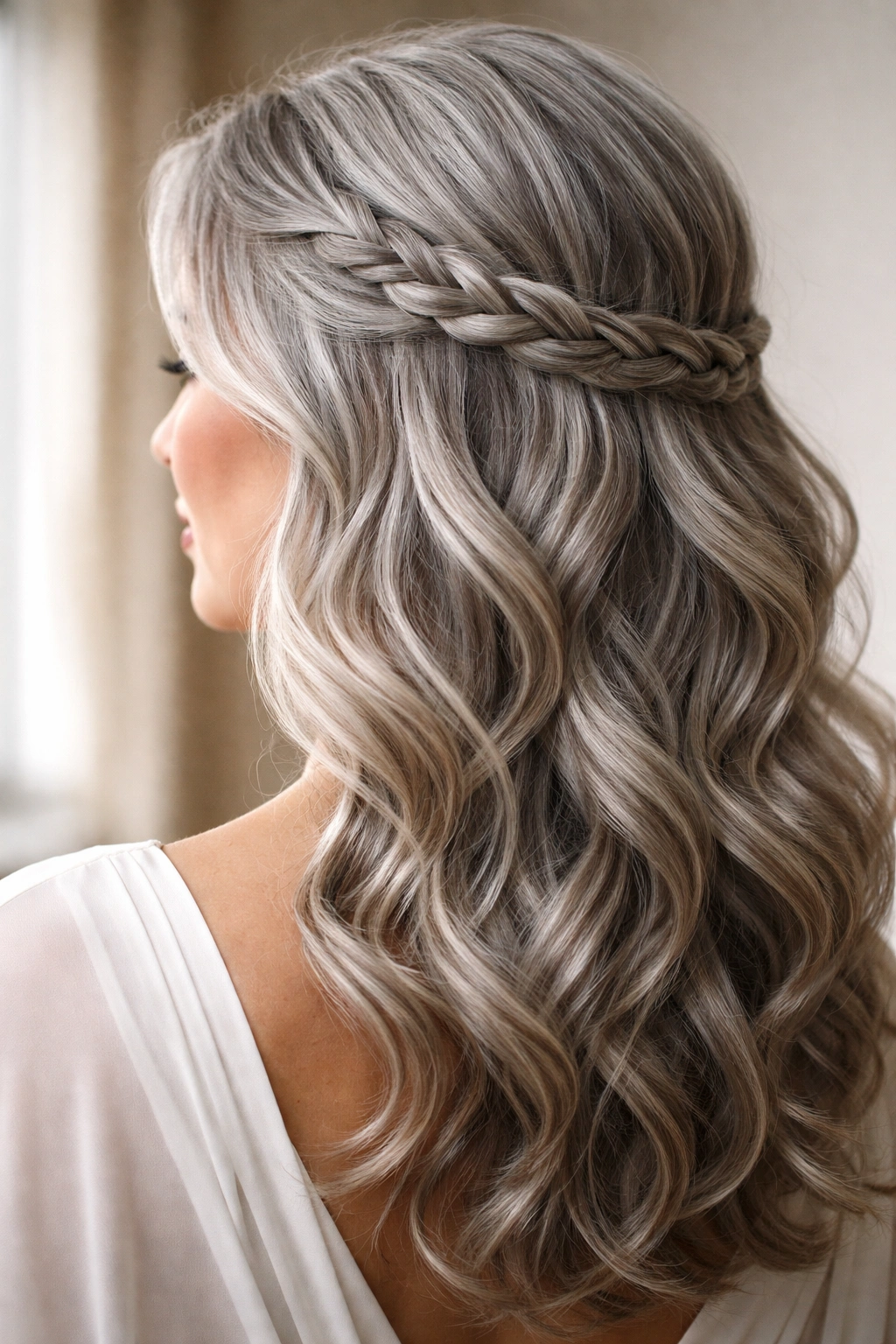 Gray hair with twisted waves and a braided accent along the side